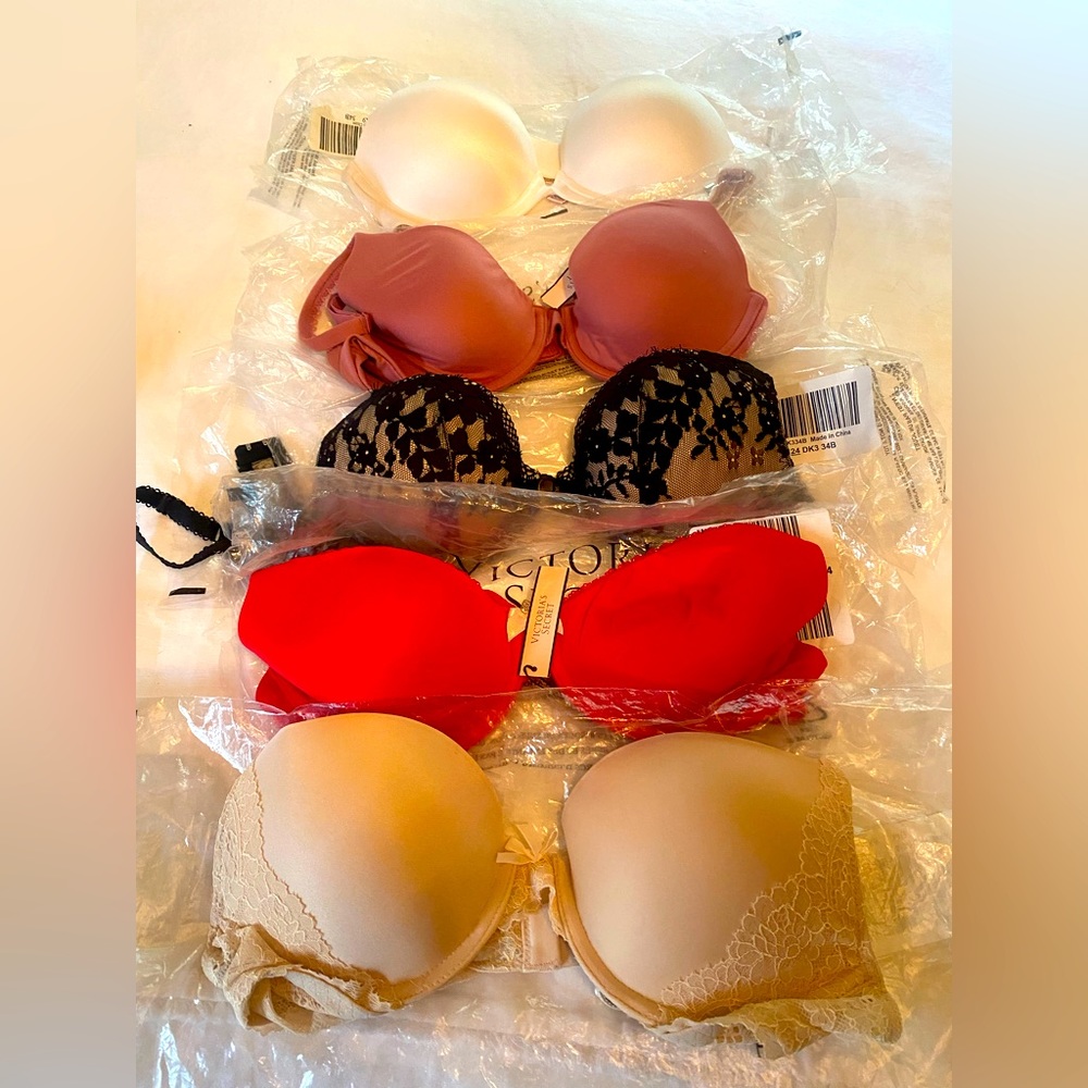 5 Victoria's Secret bra's size 34B.Black lace,white, red,nude,mauve.brand new!